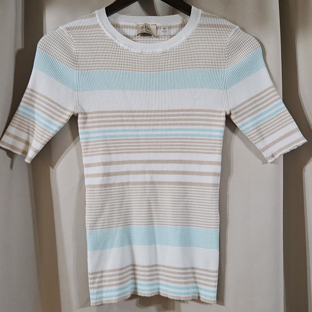 Elie Tahari‎ Short Sleeve Ribbed Knit Striped Top Shirt Womens Size SP Y2K Style